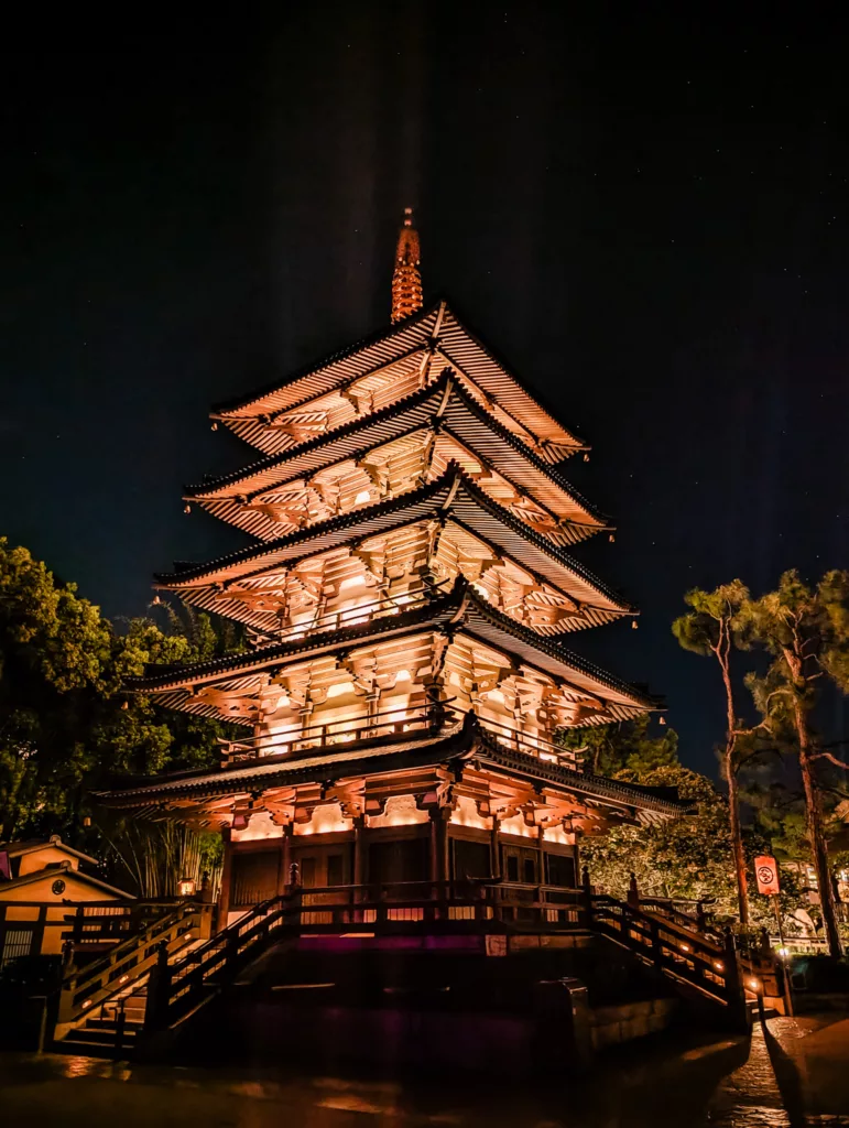 The Horyuji Temple replica at night in the Japan Pavillion at Epcot